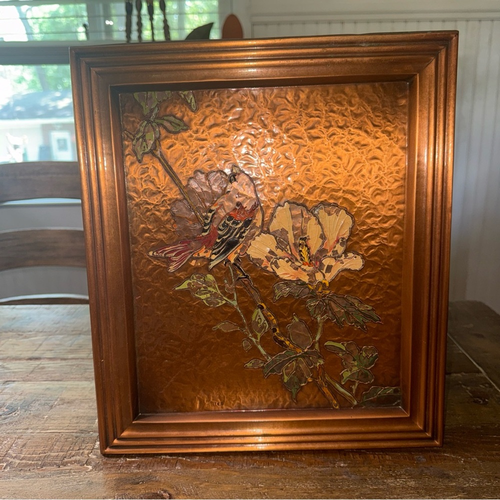 Vintage Hammered Copper Enamel Floral & Bird Art Piece. Signed